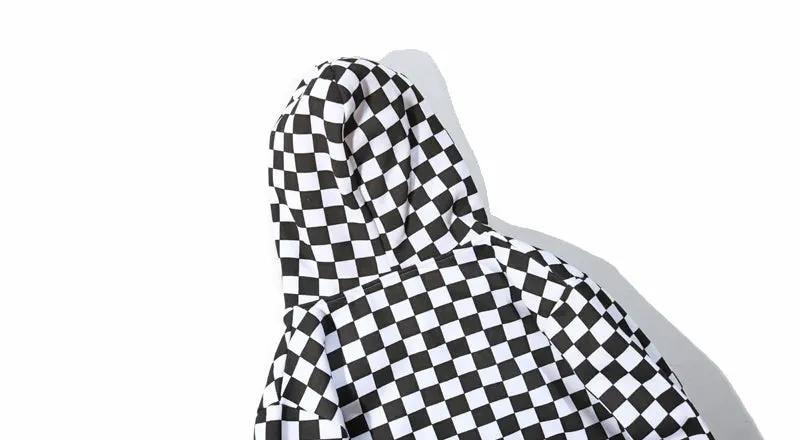 Mens Harajuku Hip Hop Zip Up Hoodie Sweatshirt Black White Checkerboard Plaid Hoodie Streetwear Fleece Hooded Hipster by Vimost Shop