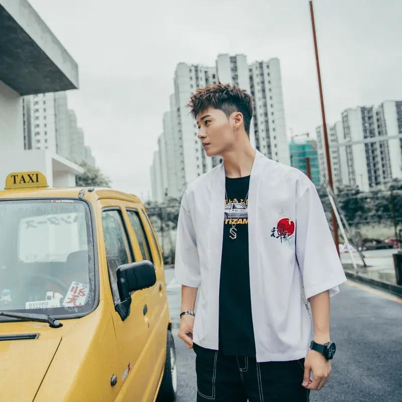 Japenese Words Wave Print Cardigan Kimono Jacket Japanese Harajuku Women Men Streetwear Traditional Top by Vimost Shop