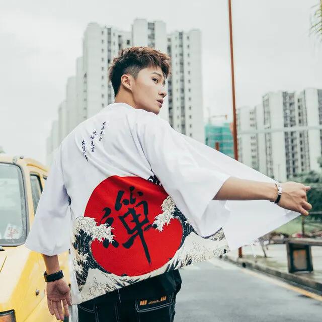 Japenese Words Wave Print Cardigan Kimono Jacket Japanese Harajuku Women Men Streetwear Traditional Top by Vimost Shop