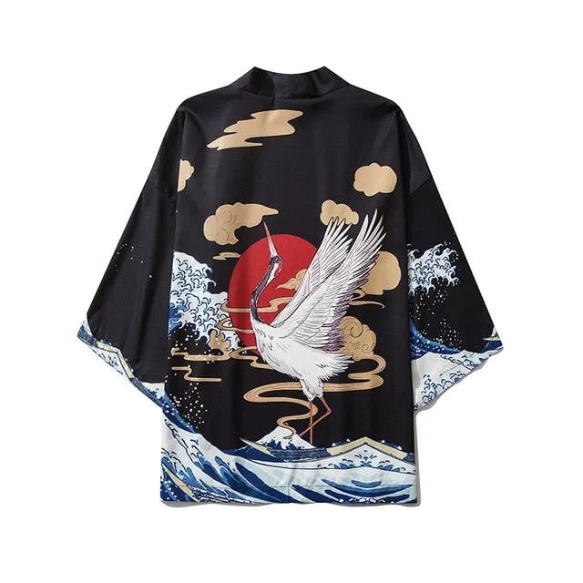 Japanese Crane Kimono Women Cardigan Yukata Fashion Men Haori Obi Clothing Asian Shirt National Tradition Clothes by Vimost Shop