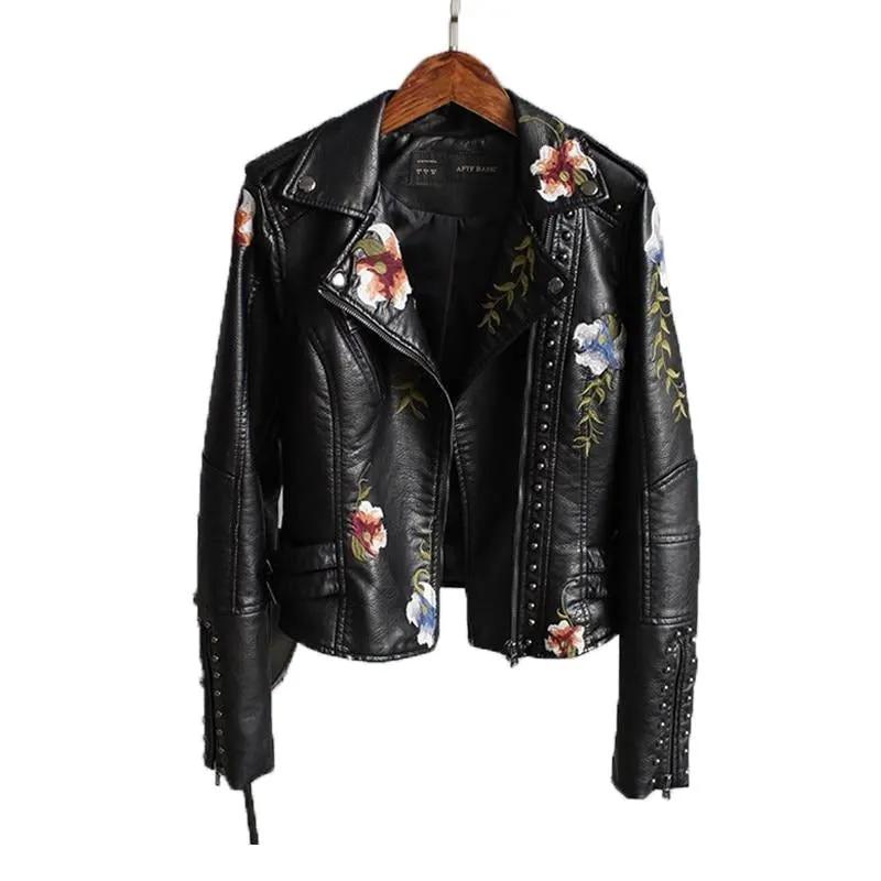 Women Floral Print Embroidery Faux Soft Leather Jacket Coat Turn-down Collar Casual Pu Motorcycle Black Punk Outerwear by Vimost Shop