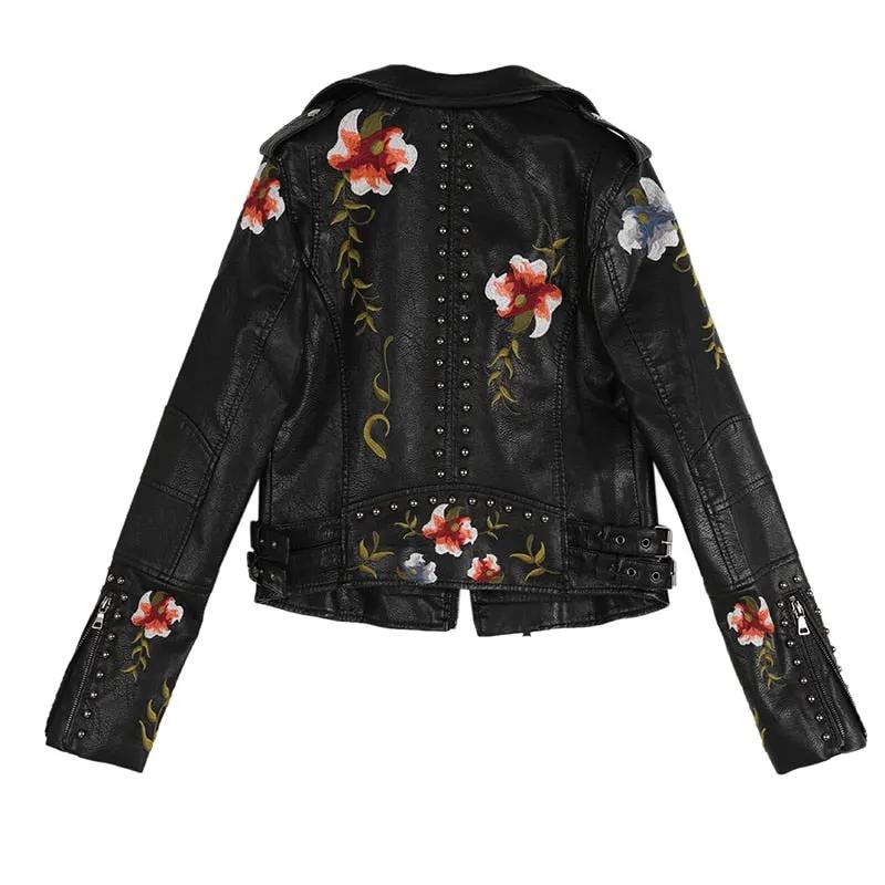 Women Floral Print Embroidery Faux Soft Leather Jacket Coat Turn-down Collar Casual Pu Motorcycle Black Punk Outerwear by Vimost Shop