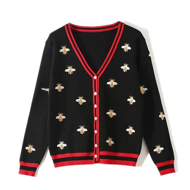 High Quality Fashion Designer Bee Embroidery Cardigan Long Sleeve Single Breasted Contrast Color Button Knitted Sweaters by Vimost Shop