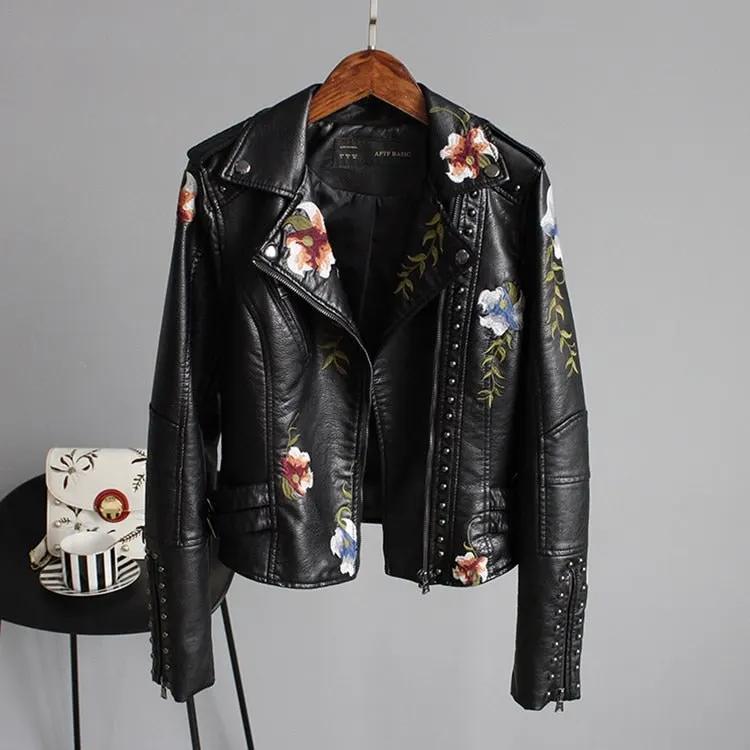 Women Floral Print Embroidery Faux Soft Leather Jacket Coat Turn-down Collar Casual Pu Motorcycle Black Punk Outerwear by Vimost Shop