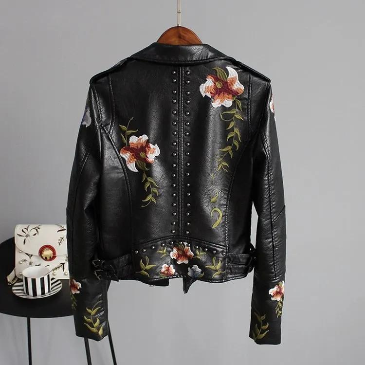 Women Floral Print Embroidery Faux Soft Leather Jacket Coat Turn-down Collar Casual Pu Motorcycle Black Punk Outerwear by Vimost Shop