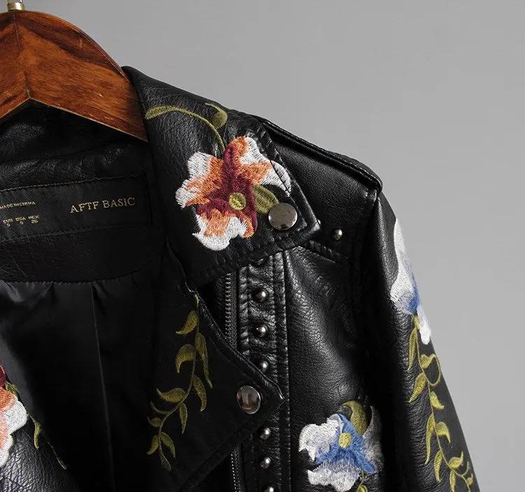 Women Floral Print Embroidery Faux Soft Leather Jacket Coat Turn-down Collar Casual Pu Motorcycle Black Punk Outerwear by Vimost Shop