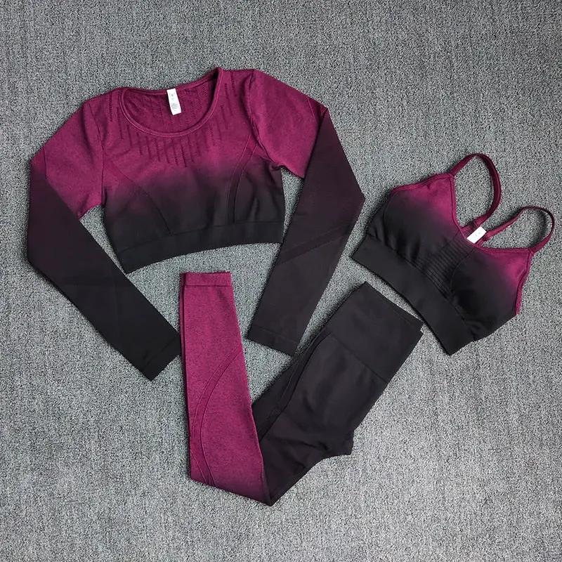 Ombre Women Yoga Set Workout Long Sleeve Crop Top Sports Bra Seamless Leggings Gym Clothing Fitness Sportswear Sports Suits by Vimost Shop