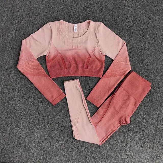 Ombre Women Yoga Set Workout Long Sleeve Crop Top Sports Bra Seamless Leggings Gym Clothing Fitness Sportswear Sports Suits by Vimost Shop