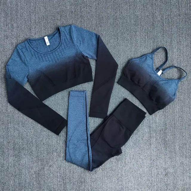 Ombre Women Yoga Set Workout Long Sleeve Crop Top Sports Bra Seamless Leggings Gym Clothing Fitness Sportswear Sports Suits by Vimost Shop