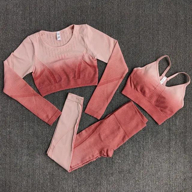 Ombre Women Yoga Set Workout Long Sleeve Crop Top Sports Bra Seamless Leggings Gym Clothing Fitness Sportswear Sports Suits by Vimost Shop