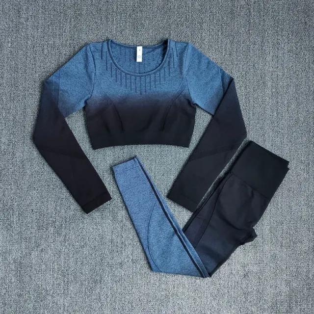 Ombre Women Yoga Set Workout Long Sleeve Crop Top Sports Bra Seamless Leggings Gym Clothing Fitness Sportswear Sports Suits by Vimost Shop