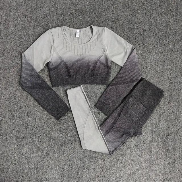 Ombre Women Yoga Set Workout Long Sleeve Crop Top Sports Bra Seamless Leggings Gym Clothing Fitness Sportswear Sports Suits by Vimost Shop
