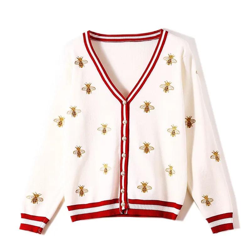 High Quality Fashion Designer Bee Embroidery Cardigan Long Sleeve Single Breasted Contrast Color Button Knitted Sweaters by Vimost Shop