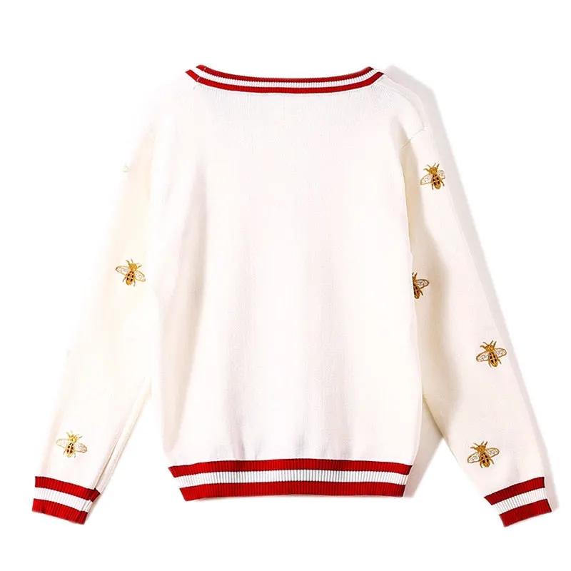 High Quality Fashion Designer Bee Embroidery Cardigan Long Sleeve Single Breasted Contrast Color Button Knitted Sweaters by Vimost Shop