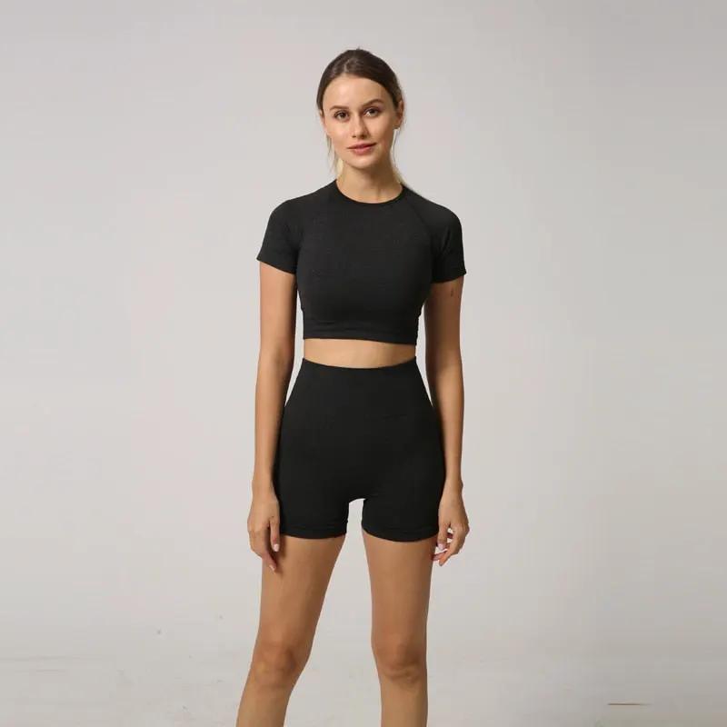 Seamless Women Yoga Set Crop Top Short Sleeve Shirt Fitness Shorts Workout Clothes For Women Gym Clothing Yoga Sport Set by Vimost Shop