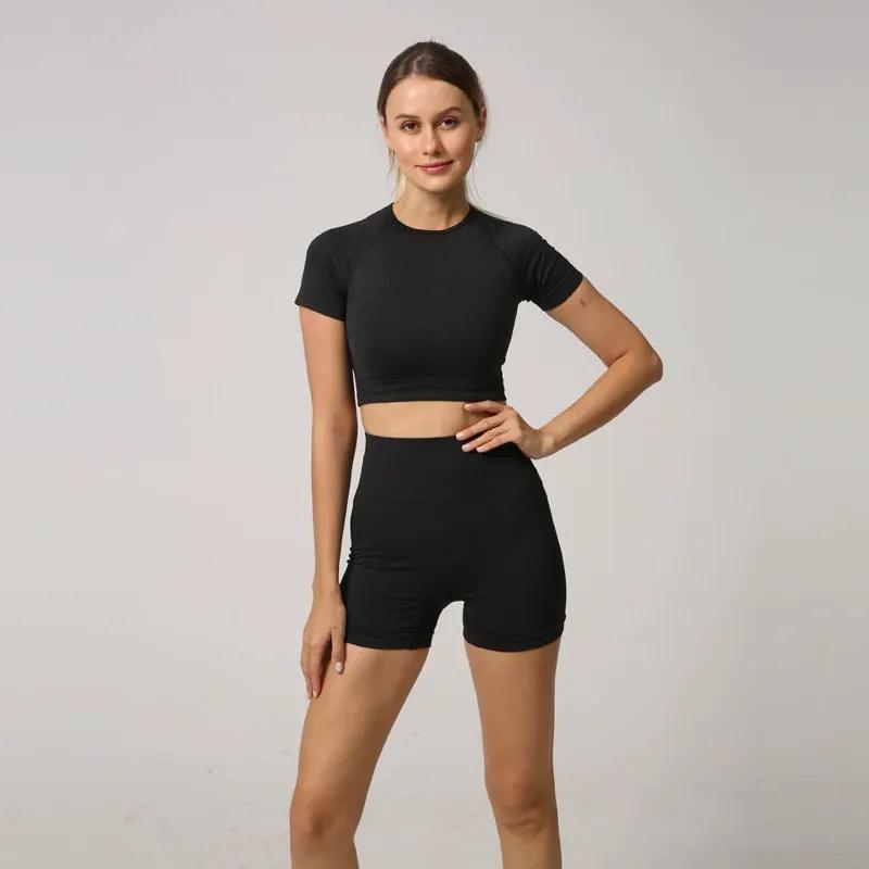 Seamless Women Yoga Set Crop Top Short Sleeve Shirt Fitness Shorts Workout Clothes For Women Gym Clothing Yoga Sport Set by Vimost Shop