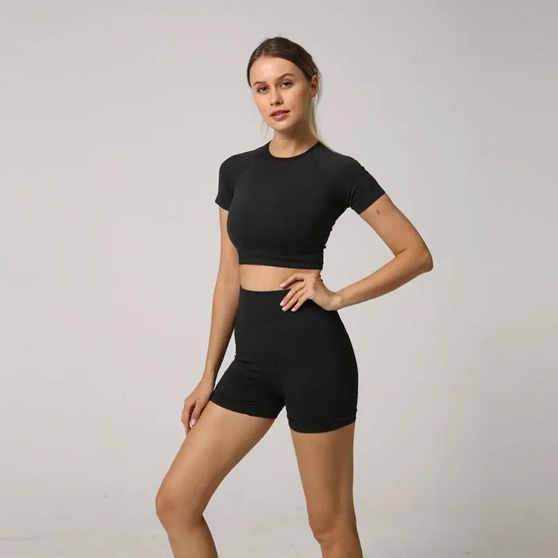 Seamless Women Yoga Set Crop Top Short Sleeve Shirt Fitness Shorts Workout Clothes For Women Gym Clothing Yoga Sport Set by Vimost Shop