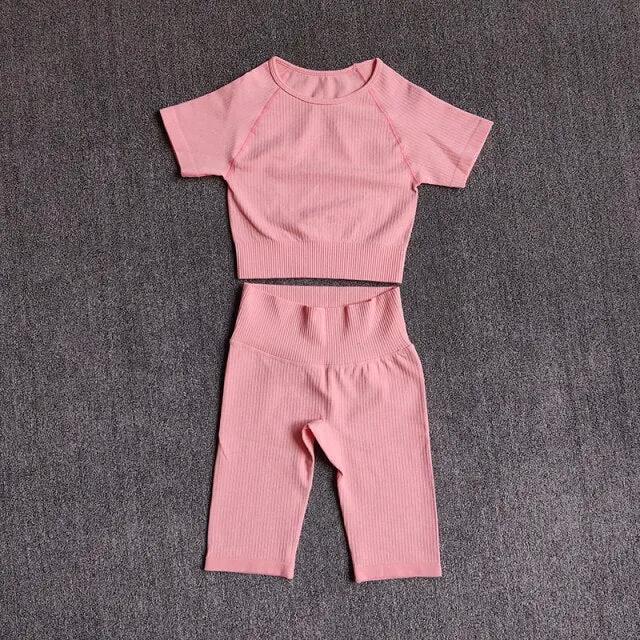 Seamless Yoga Set Women 2pcs Crop Top T-shirt High Waist Shorts Gym Clothes Sport Suit Workout Outfit Sport Wear by Vimost Shop