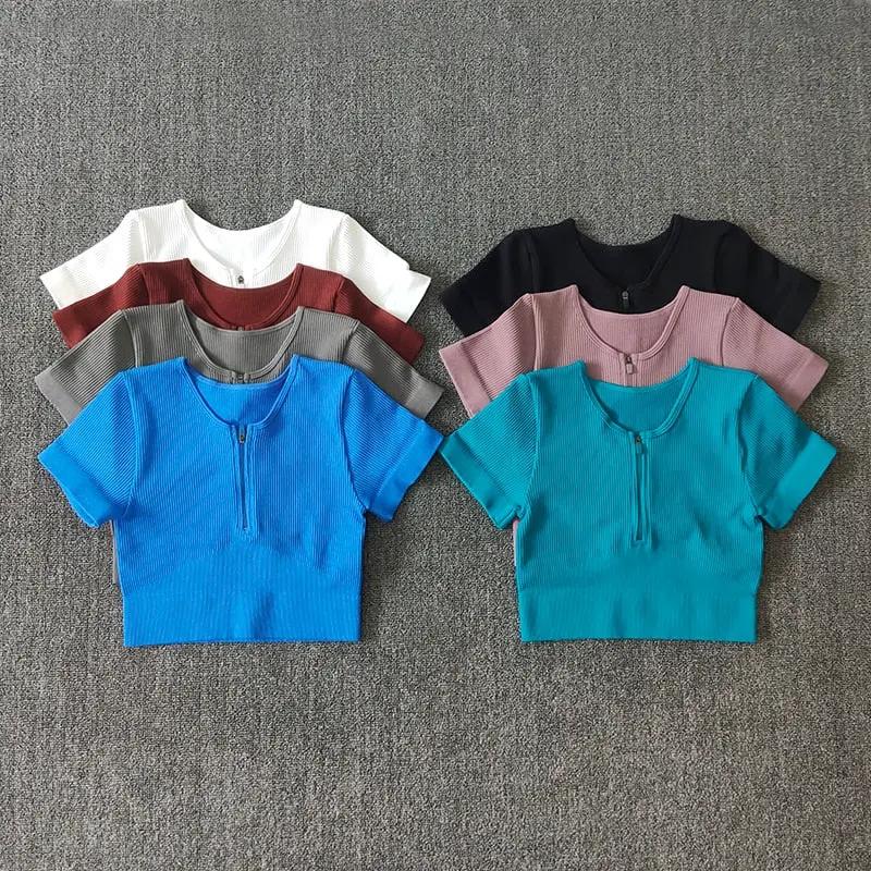 Seamless Yoga Shirts Zipper Short Sleeve Workout Tops Women Fitness Crop Top Workout Tops Gym Clothes Sportswear Running T-shirt by Vimost Shop