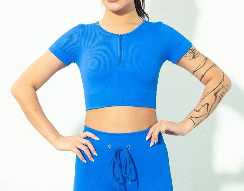 Seamless Yoga Shirts Zipper Short Sleeve Workout Tops Women Fitness Crop Top Workout Tops Gym Clothes Sportswear Running T-shirt by Vimost Shop