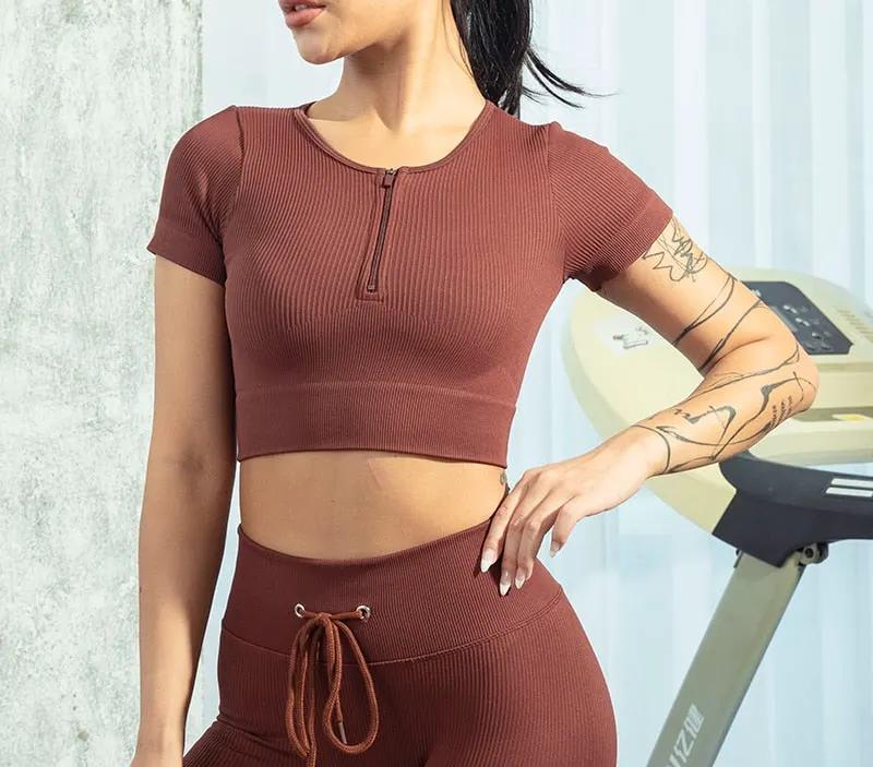 Seamless Yoga Shirts Zipper Short Sleeve Workout Tops Women Fitness Crop Top Workout Tops Gym Clothes Sportswear Running T-shirt by Vimost Shop
