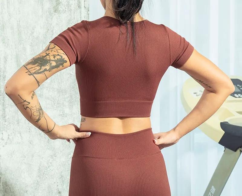 Seamless Yoga Shirts Zipper Short Sleeve Workout Tops Women Fitness Crop Top Workout Tops Gym Clothes Sportswear Running T-shirt by Vimost Shop