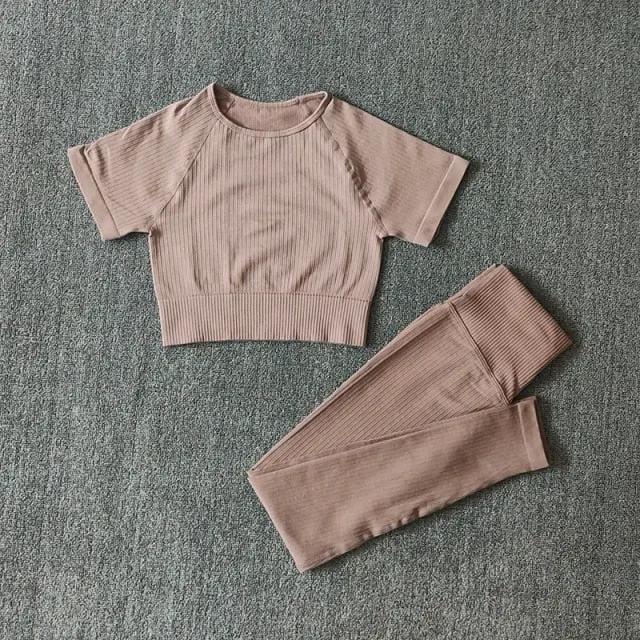 Seamless Yoga Suits Women Crop Top Short Sleeve Shirts Sport Pants Gym Leggings Sportswear Workout Active Set Fitness Clothes by Vimost Shop