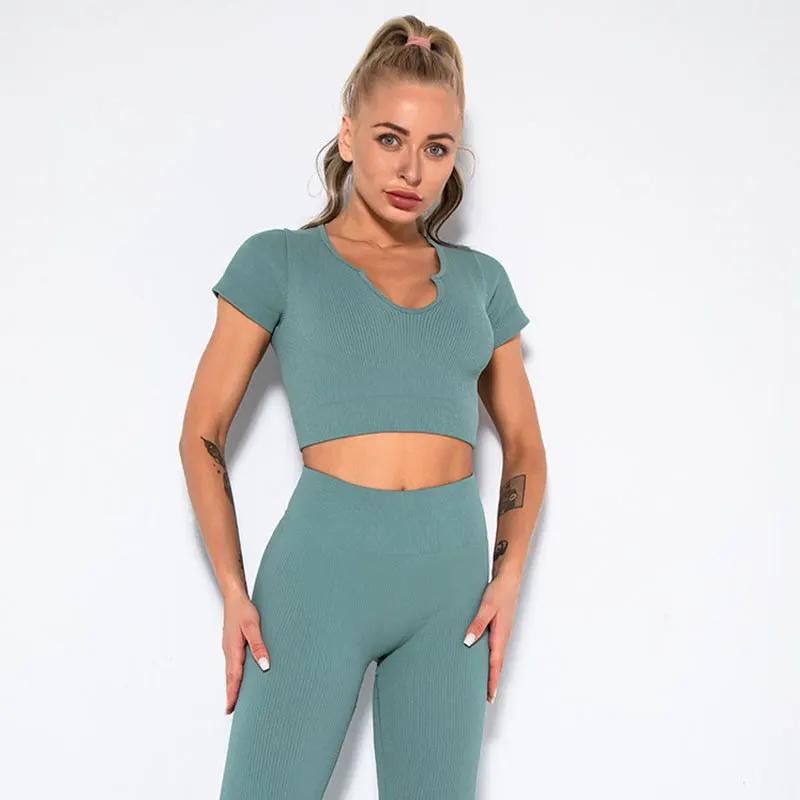 Seamless Yoga Shirt Deep V-Neck Women Fitness Short Sleeve Crop Top Workout Tops Gym Clothes Running Sports T-shirts Sportswear by Vimost Shop