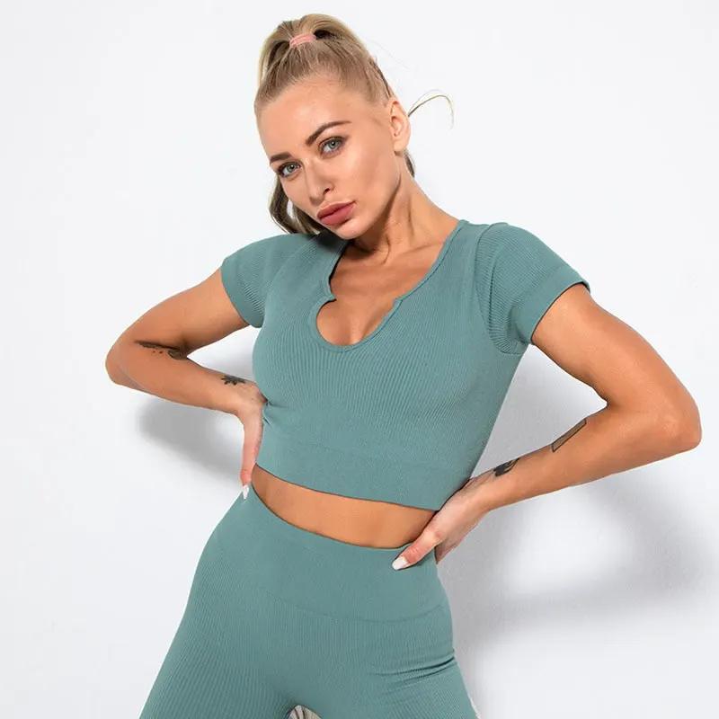 Seamless Yoga Shirt Deep V-Neck Women Fitness Short Sleeve Crop Top Workout Tops Gym Clothes Running Sports T-shirts Sportswear by Vimost Shop