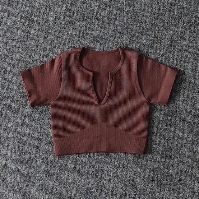 Seamless Yoga Shirt Deep V-Neck Women Fitness Short Sleeve Crop Top Workout Tops Gym Clothes Running Sports T-shirts Sportswear by Vimost Shop
