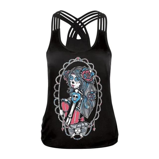 Fashion Halloween Sugar Skull Rose Girl Tank Top for Women Gothic Style Back Cross Sleeveless Vest by Vimost Shop