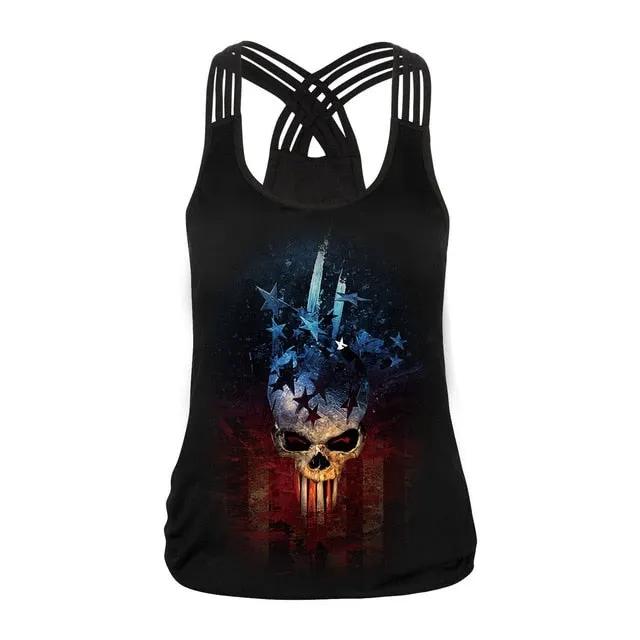 Fashion Halloween Sugar Skull Rose Girl Tank Top for Women Gothic Style Back Cross Sleeveless Vest by Vimost Shop