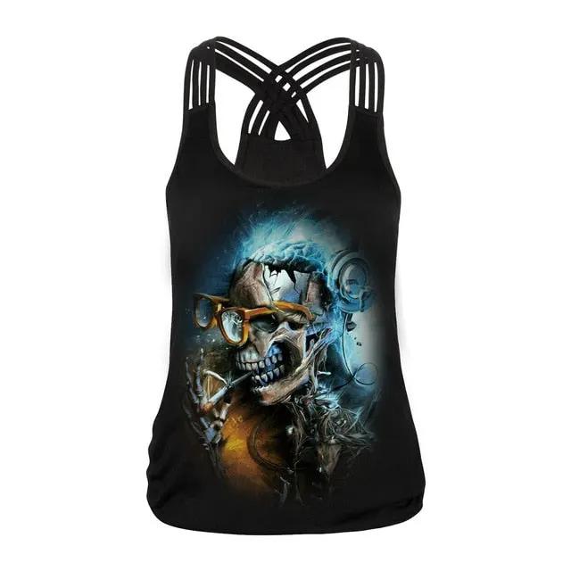 Fashion Halloween Sugar Skull Rose Girl Tank Top for Women Gothic Style Back Cross Sleeveless Vest by Vimost Shop