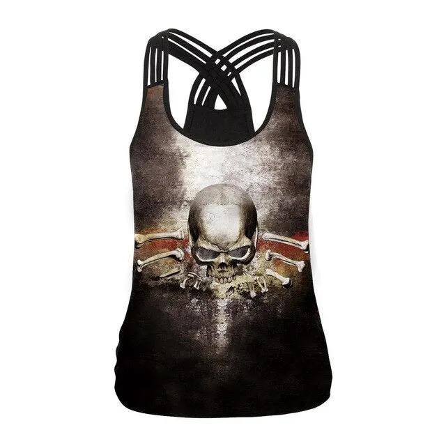 Fashion Halloween Sugar Skull Rose Girl Tank Top for Women Gothic Style Back Cross Sleeveless Vest by Vimost Shop