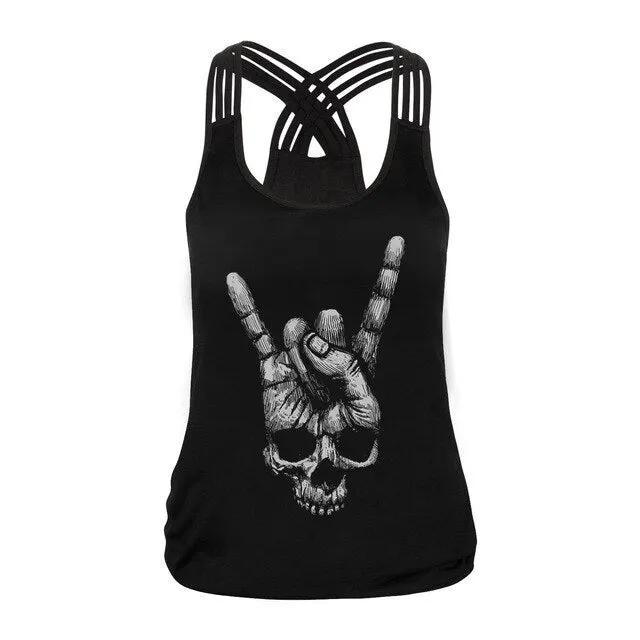 Fashion Halloween Sugar Skull Rose Girl Tank Top for Women Gothic Style Back Cross Sleeveless Vest by Vimost Shop