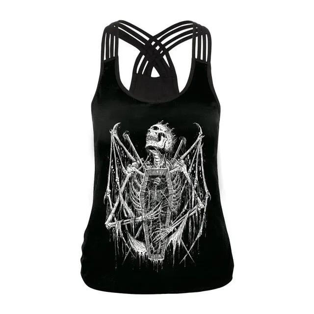 Fashion Halloween Sugar Skull Rose Girl Tank Top for Women Gothic Style Back Cross Sleeveless Vest by Vimost Shop