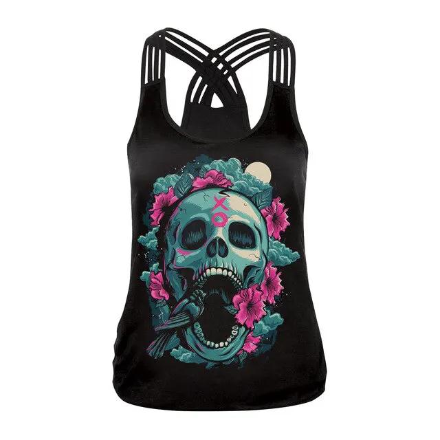 Fashion Halloween Sugar Skull Rose Girl Tank Top for Women Gothic Style Back Cross Sleeveless Vest by Vimost Shop