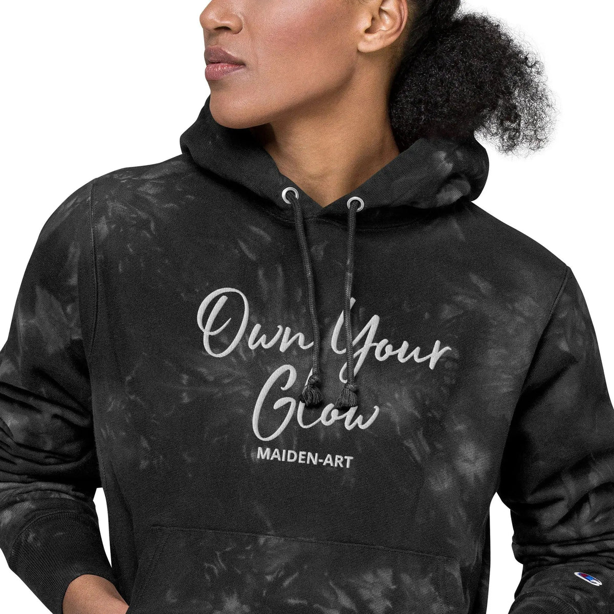 Own Your Glow Unisex Champion tie-dye hoodie with Embroidery | Champion hoodie by Maiden-Art