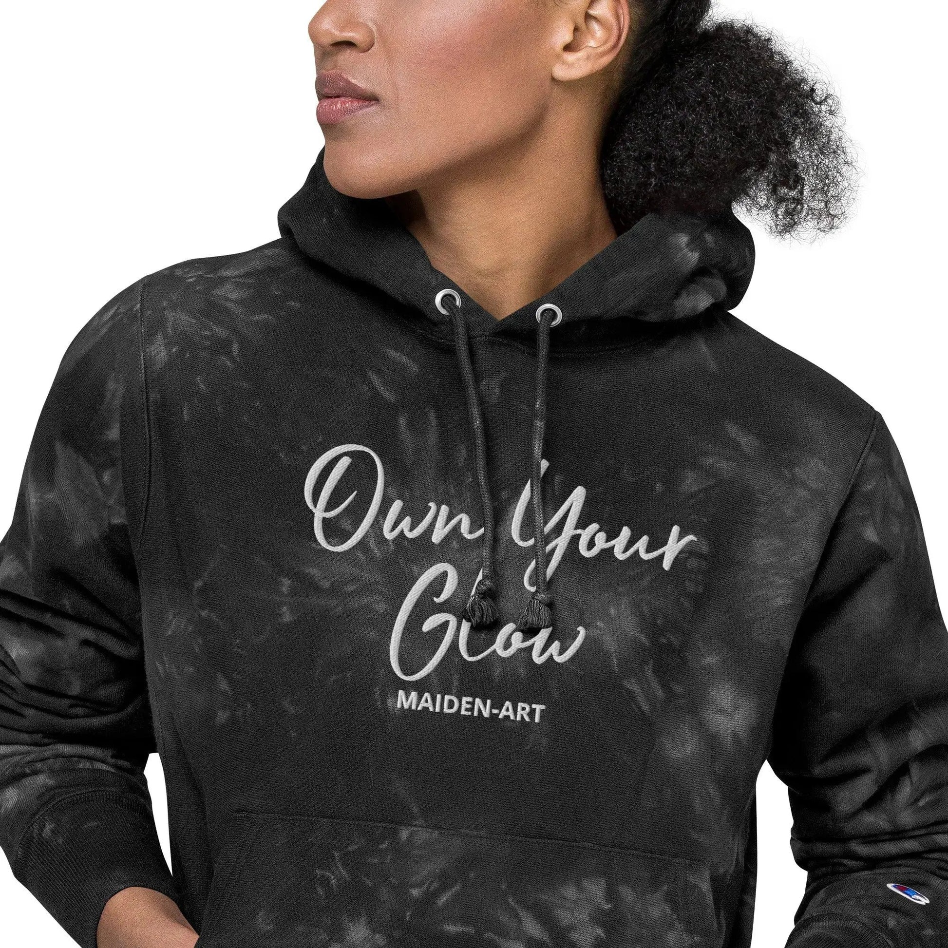 Own Your Glow Unisex Champion tie-dye hoodie with Embroidery | Champion hoodie by Maiden-Art