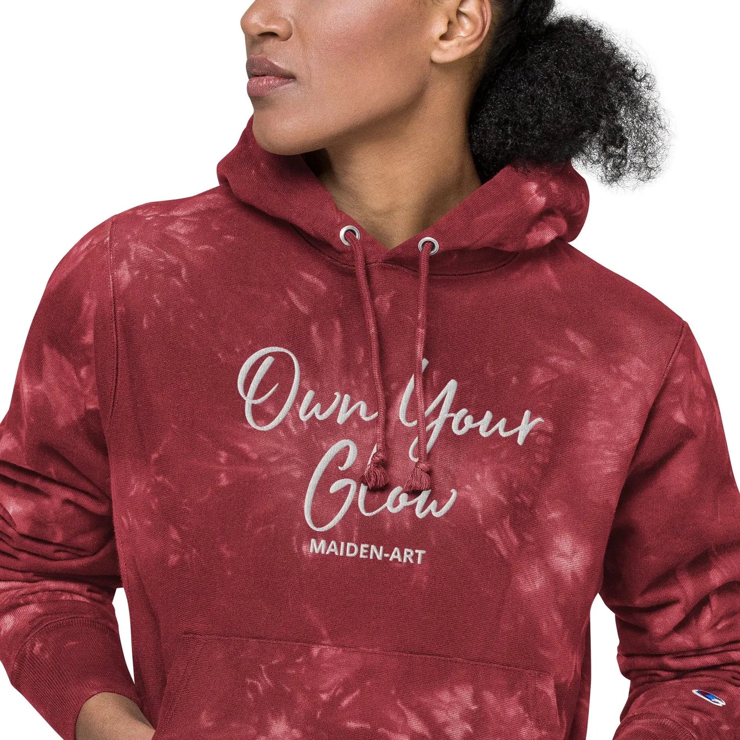 Own Your Glow Unisex Champion tie-dye hoodie with Embroidery | Champion hoodie by Maiden-Art