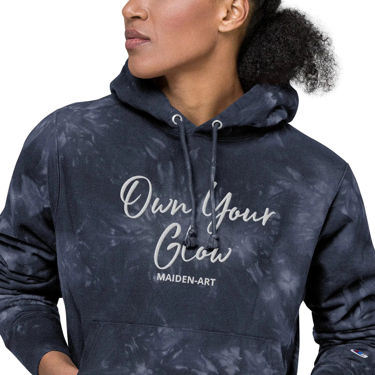 Own Your Glow Unisex Champion tie-dye hoodie with Embroidery | Champion hoodie by Maiden-Art