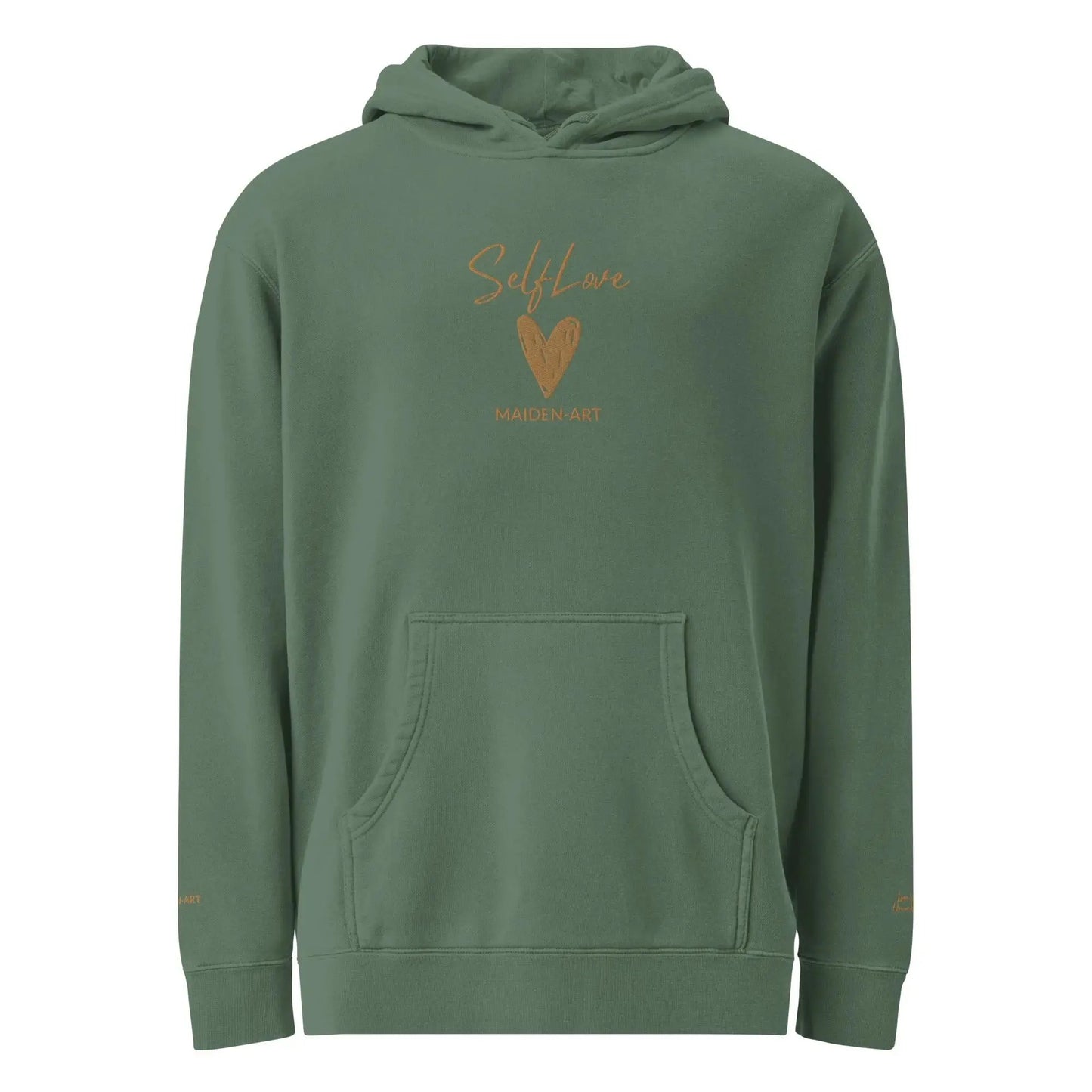 Self Love Unisex pigment-dyed hoodie with Old Gold Embroidery | fashion hoodie by Maiden-Art