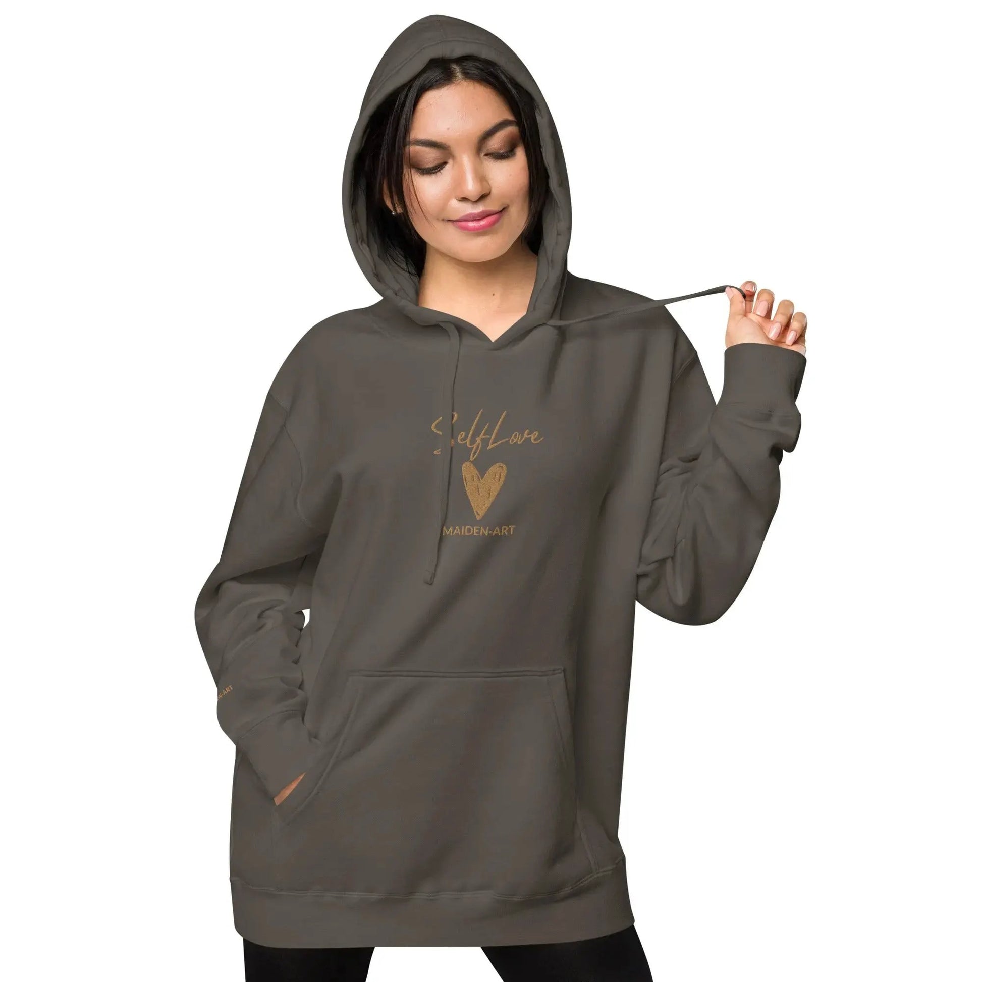 Self Love Unisex pigment-dyed hoodie with Old Gold Embroidery | fashion hoodie by Maiden-Art