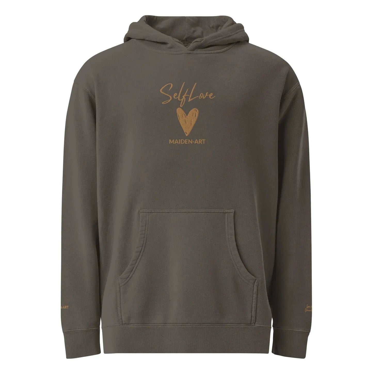 Self Love Unisex pigment-dyed hoodie with Old Gold Embroidery | fashion hoodie by Maiden-Art