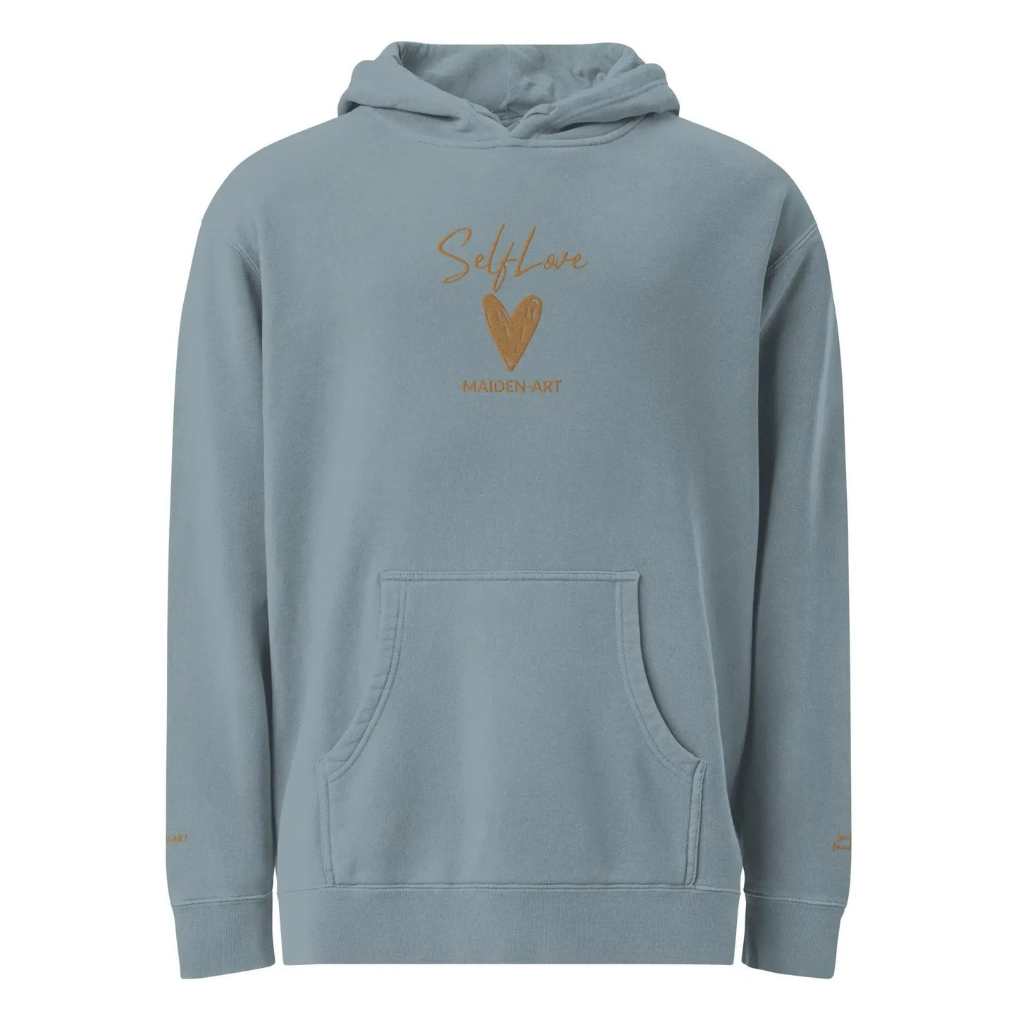 Self Love Unisex pigment-dyed hoodie with Old Gold Embroidery | fashion hoodie by Maiden-Art