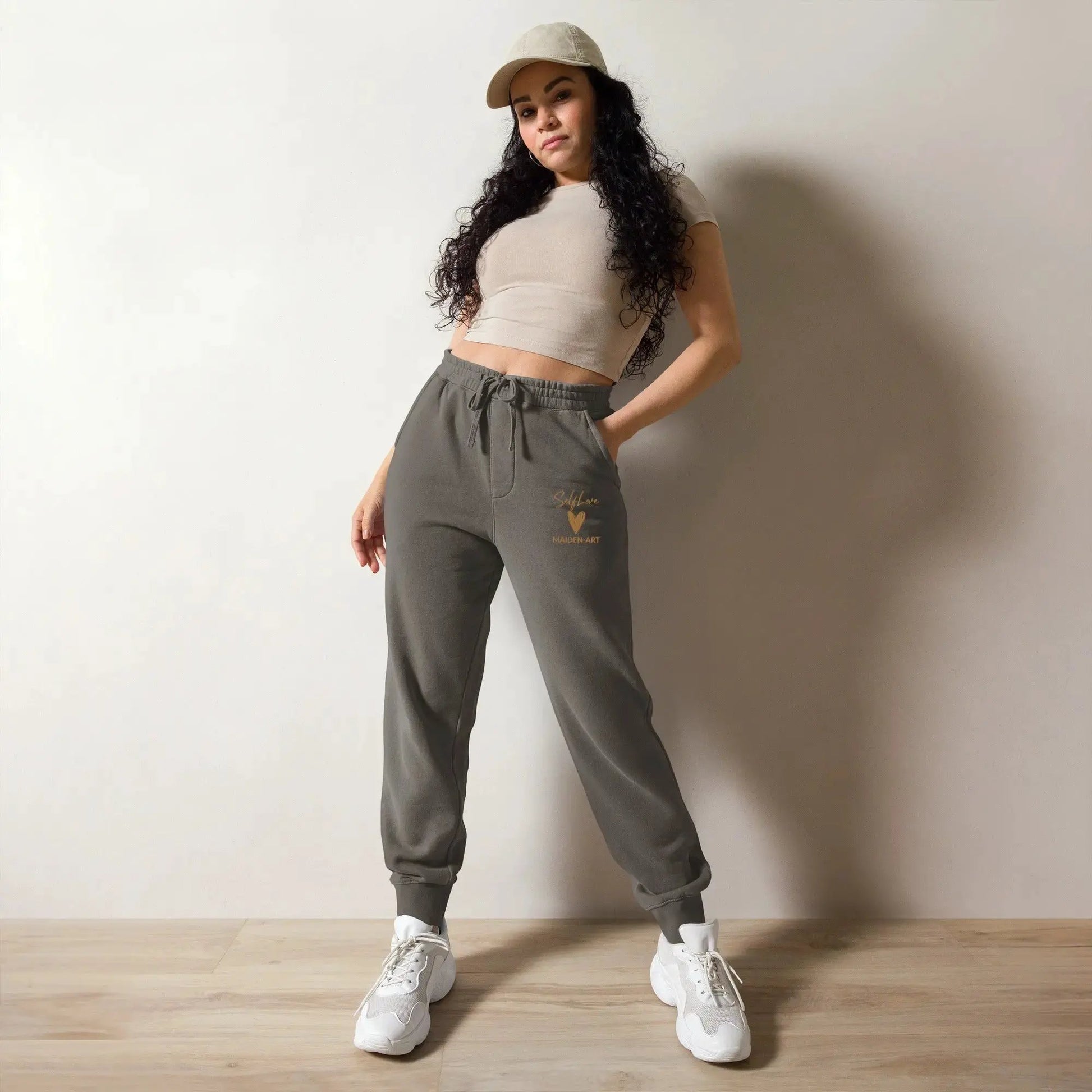 Self Love Unisex pigment-dyed sweatpants with Old Gold Embroidery - unisex sweatpants by Maiden-Art
