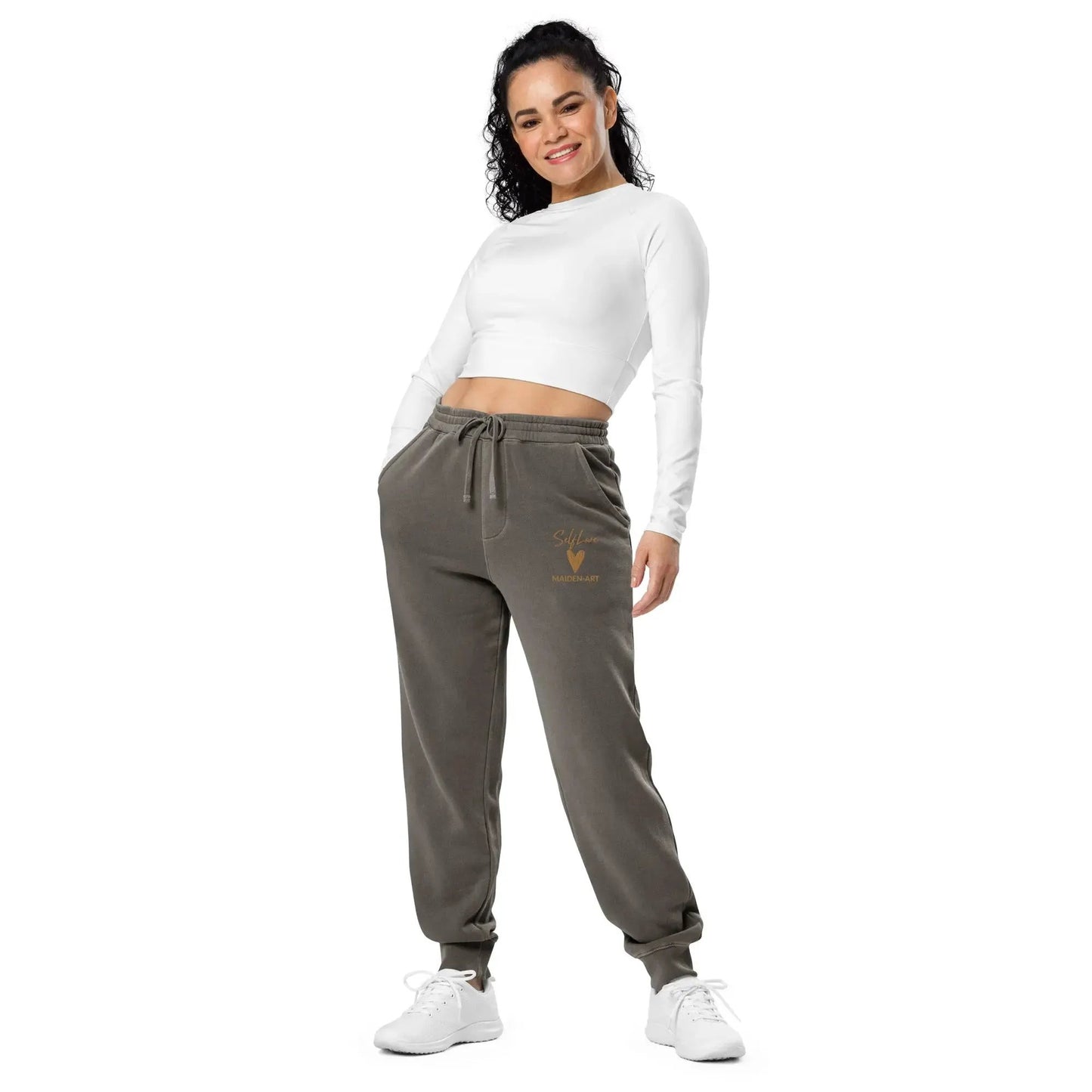 Self Love Unisex pigment-dyed sweatpants with Old Gold Embroidery - unisex sweatpants by Maiden-Art
