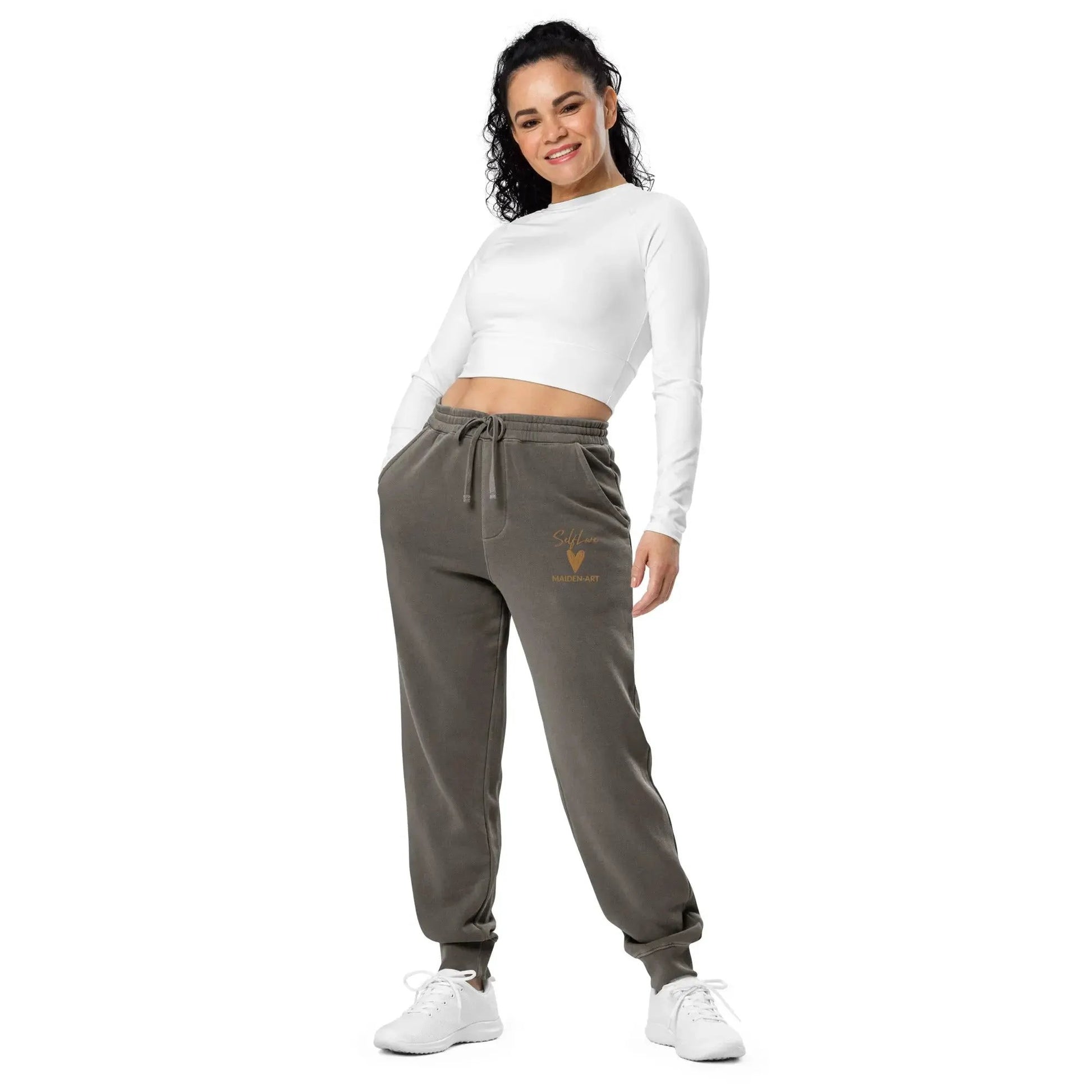 Self Love Unisex pigment-dyed sweatpants with Old Gold Embroidery - unisex sweatpants by Maiden-Art