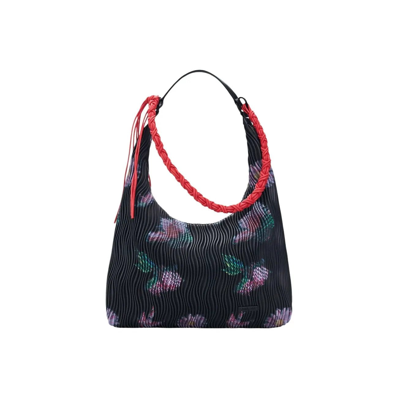 Desigual Women Black Floral Pleated Shoulder Bag With Red Braided Strap by Desigual