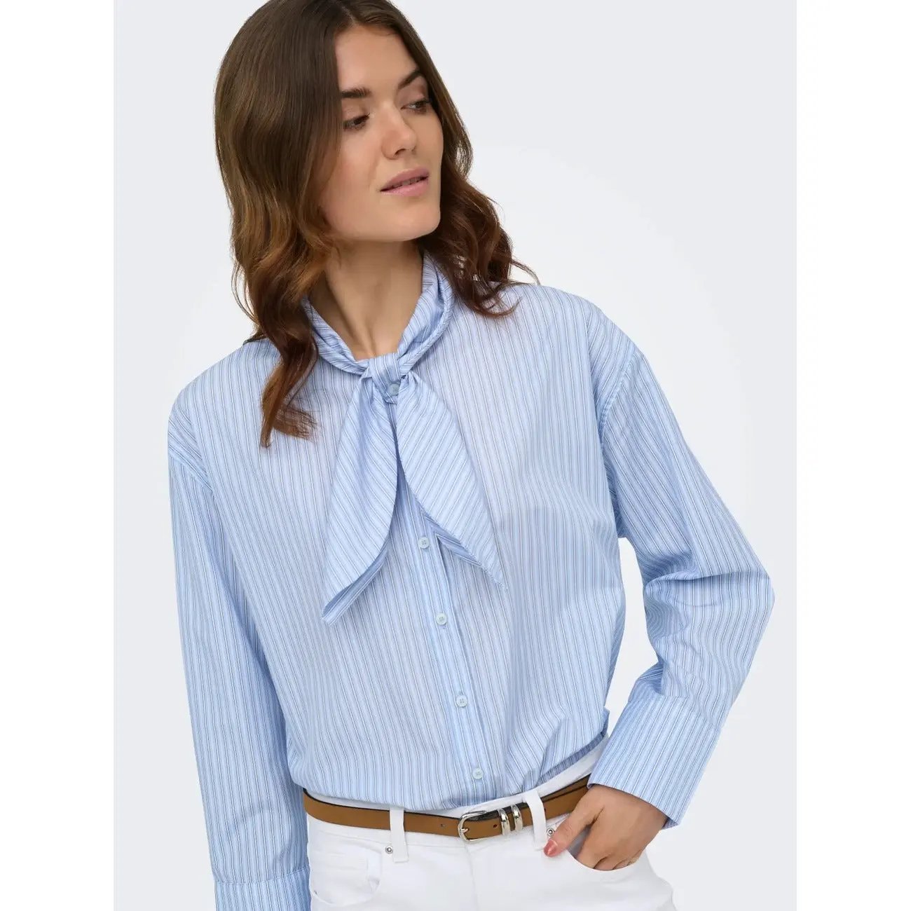 Only Women Elegant Light Blue Striped Classic Neck Tie Long Sleeve Shirt by Only